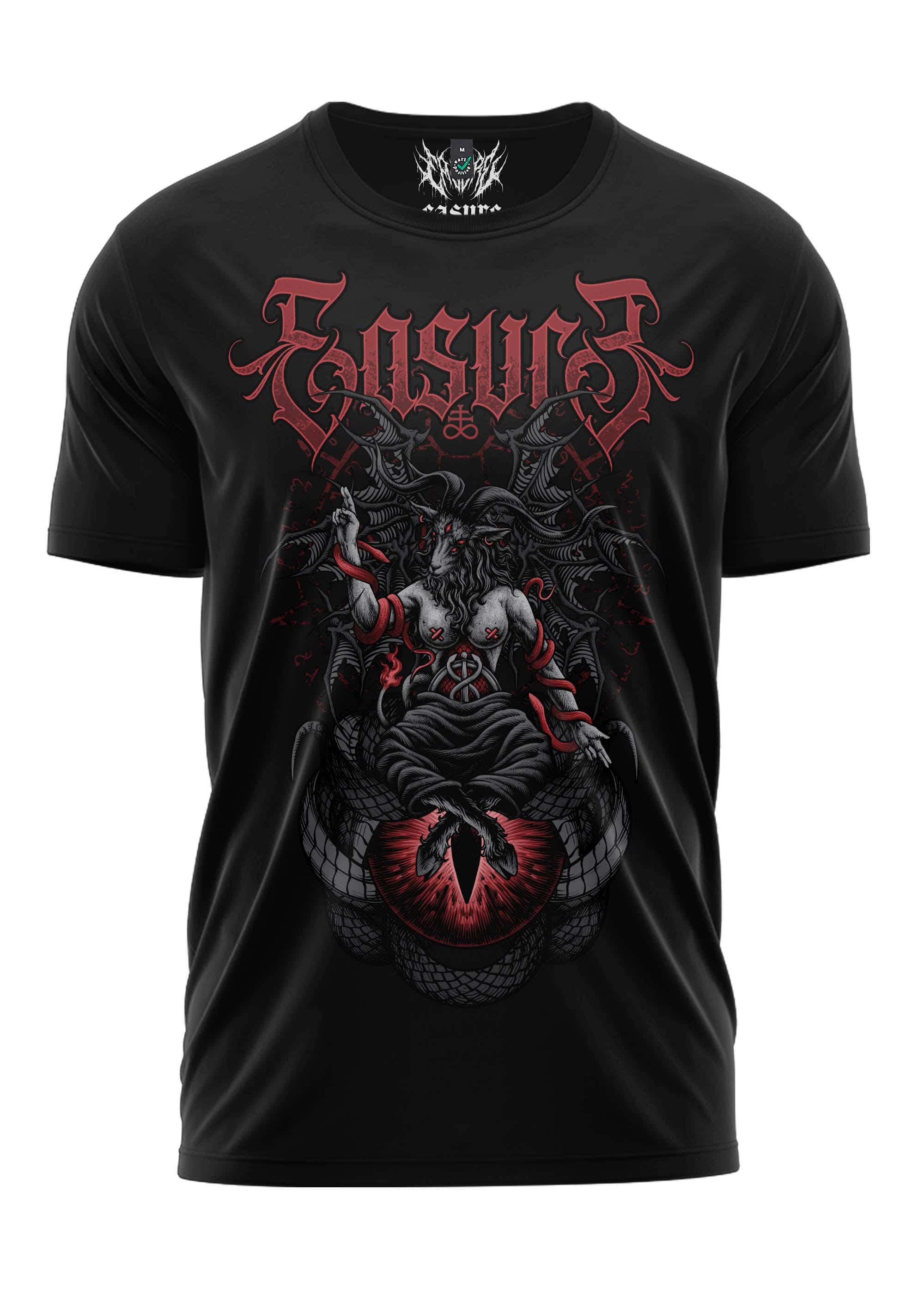 Schwarzes gothic kurzarmshirt mit detailliertem horrormotiv eines teufels und dem bandnamen easur3 im eye of baphomet design